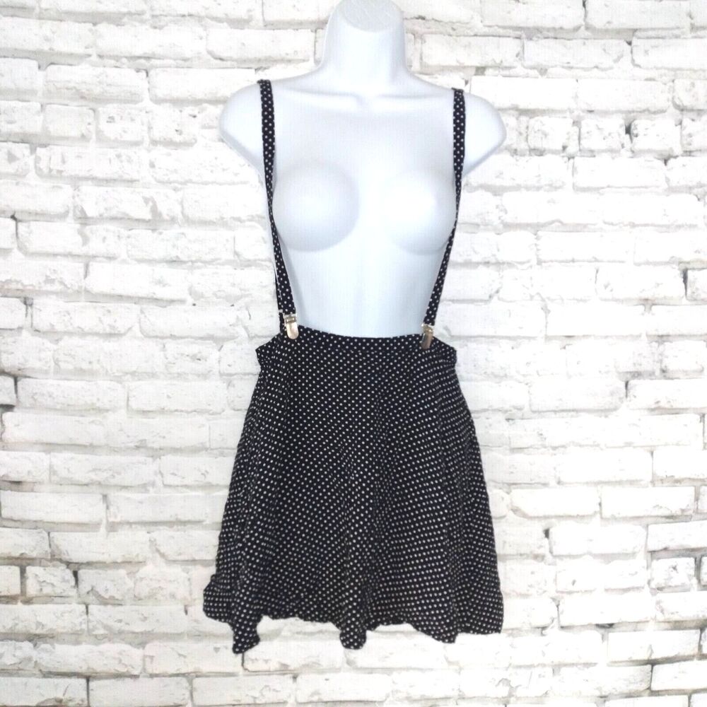 Forever 21 Womens Skirt 26 Blue White Polka Dot Suspenders Zip Up Short A-line